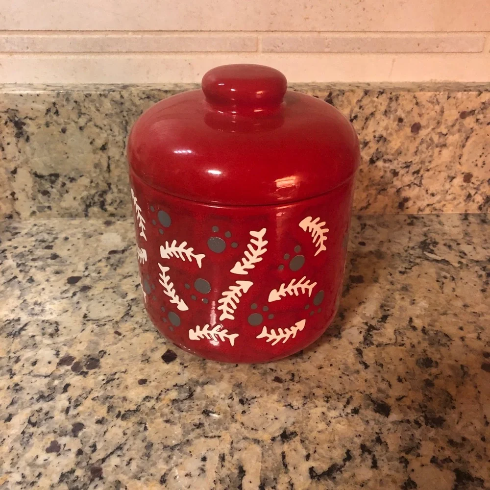 Vintage Waechtersbach Cat Kitty Treat Jar with Lid Red Germany MCM Paw Prints